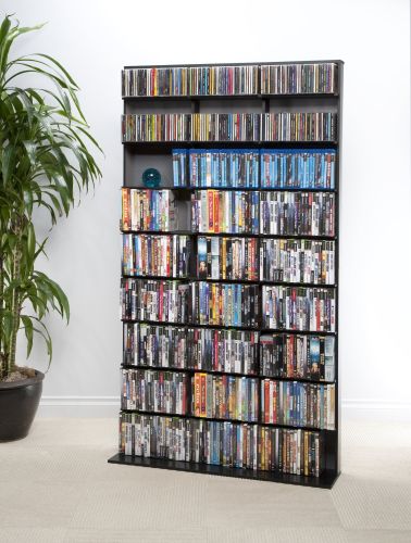 Multimedia Shelving Unit, Slim Profile, Extended Base for Stability in Black