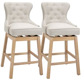 Upholstered Fabric Bar Height Bar Stools, 180¬∞ Swivel Nailhead-Trim Pub Chairs, 30" Seat Height with Rubber Wood Legs, Set of 2, Cream