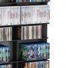 Multimedia Shelving Unit, Slim Profile, Extended Base for Stability in Black