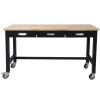 60in Work Bench, Workbench with Drawer Storage, Heavy Duty Bamboo Wood Work Table with Wheels for Garage Home Office