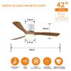 42 inch Wood Ceiling Fans with Lights and Remote, Modern Flush Mount Low Profile Ceiling Fan with Light, 6 Speed, Reversible DC Motor, for Bedroom/Out