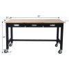 60in Work Bench, Workbench with Drawer Storage, Heavy Duty Bamboo Wood Work Table with Wheels for Garage Home Office