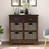 TREXM Rustic Storage Cabinet with Two Drawers and Four Classic Rattan Basket for Dining Room/Living Room (Espresso)